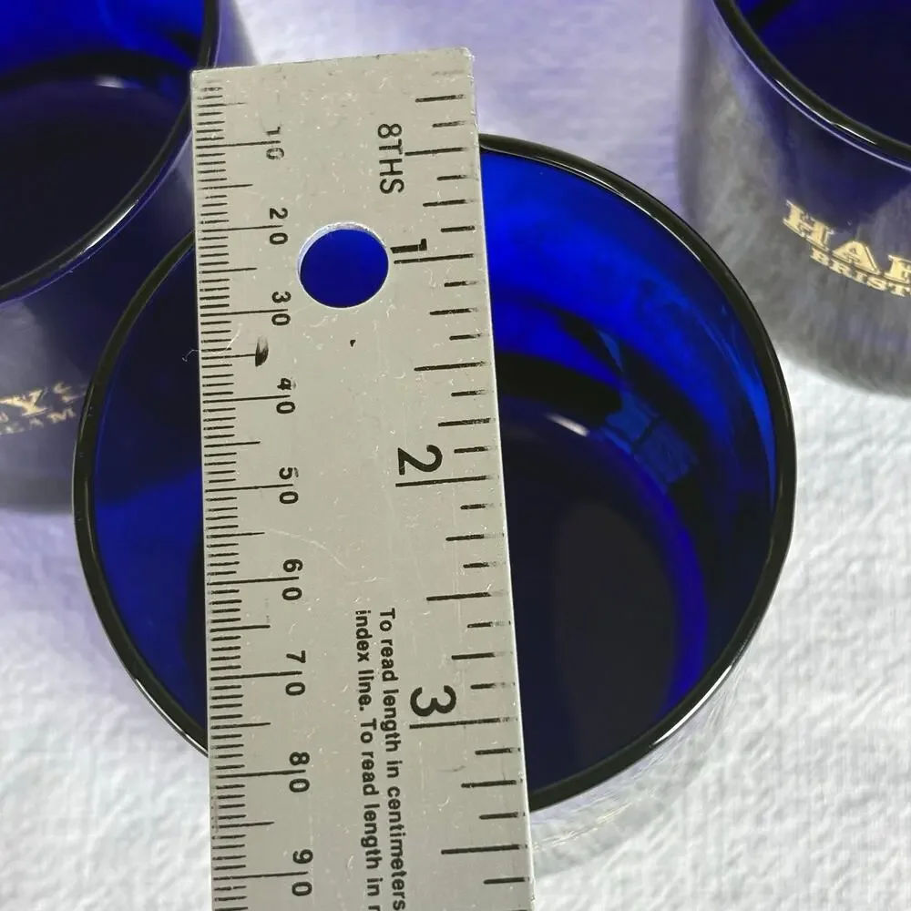 Vintage Harvey’s Bristol Cream Cobalt Blue Rocks Glasses Set of 3 Gold Logo